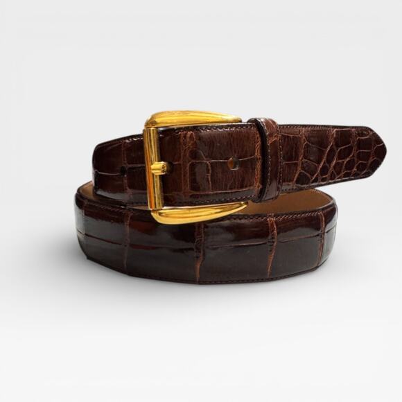 Vintage 90s Mezlan Genuine Alligator Belt Brown Gold Buckle Men\'s sz 32